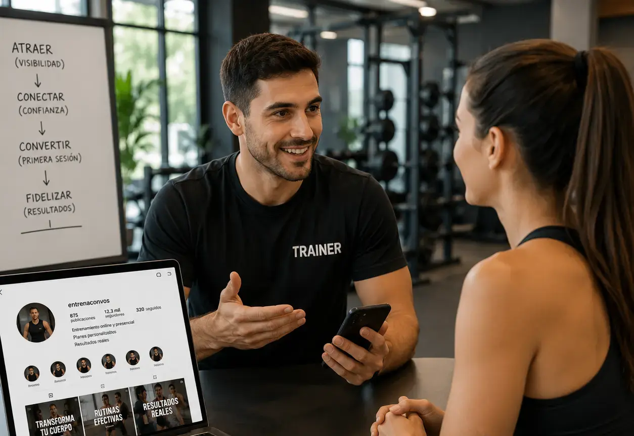 Laptop con sitio web profesional de personal trainer abierto en pantalla
