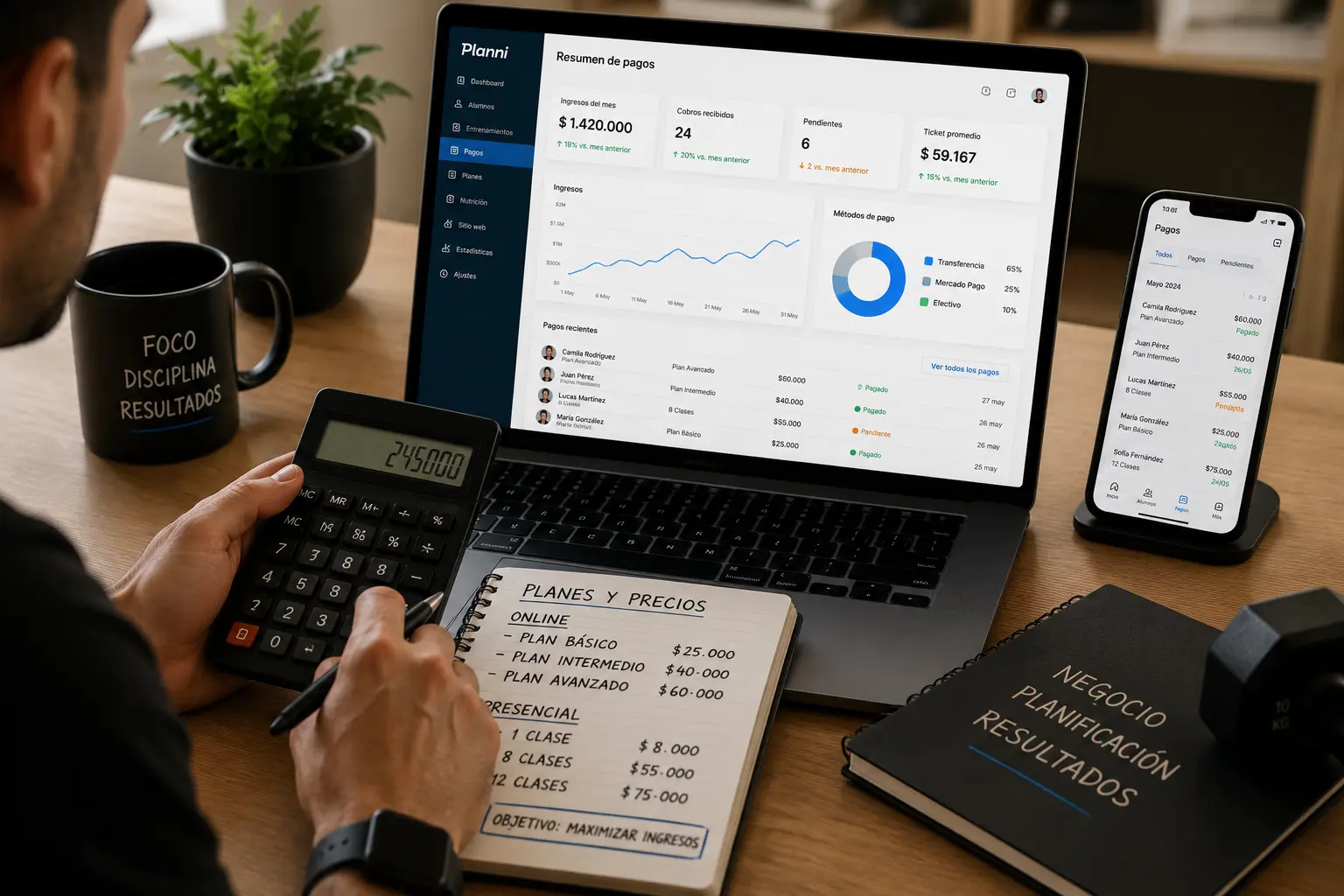 Calculadora y planilla con números de un negocio de entrenamiento